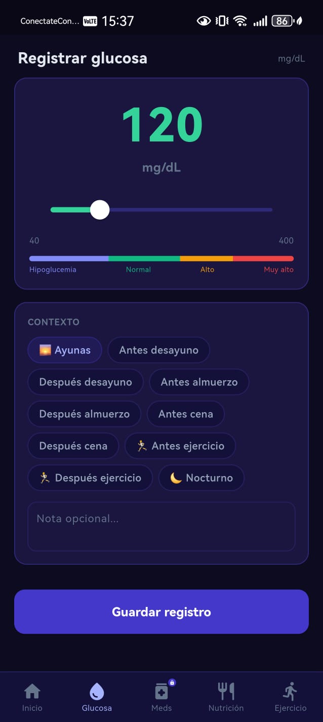 Pantalla de la app del paciente de Gluqui con el registro de glucosa